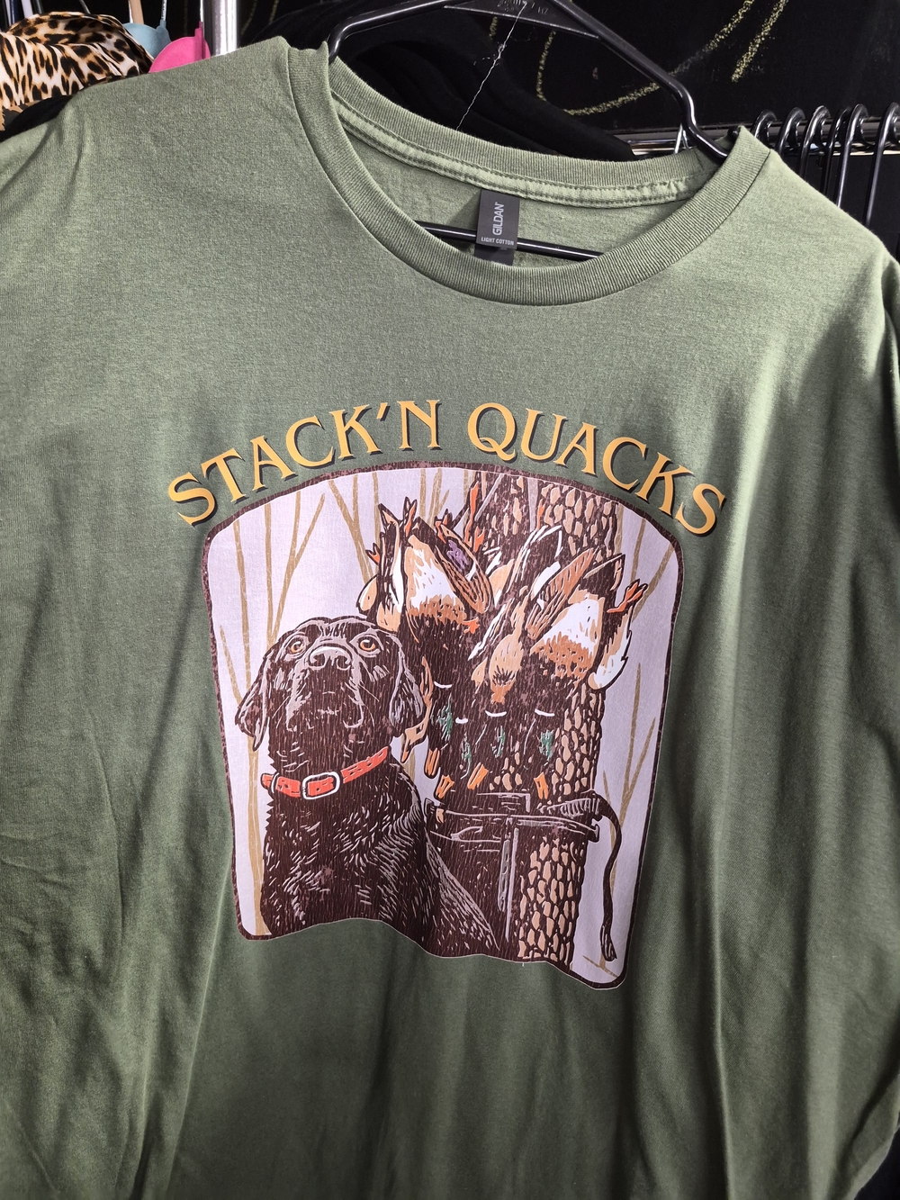 Men's Gildan Olive Green "STACK'N QUACKS" Graphic Crewneck T-Shirt